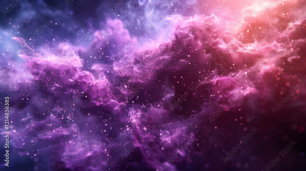 Naklejka premium Abstract Purple and Pink Nebula Background with Glowing Particles and Light Flares