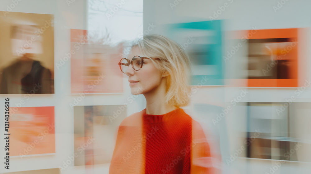 woman in red sweater stands in art gallery, surrounded by colorful abstract artworks. motion blur creates dynamic and artistic atmosphere, enhancing visual experience woman in red sweater stands in art gallery, surrounded by colorful abstract artworks. motion blur creates dynamic and artistic atmosphere, enhancing visual experience