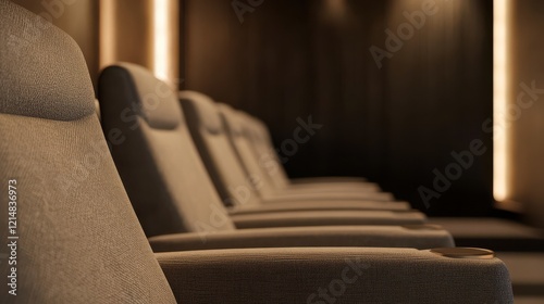 Row of comfortable theater seats in a dimly lit cinema auditorium photo