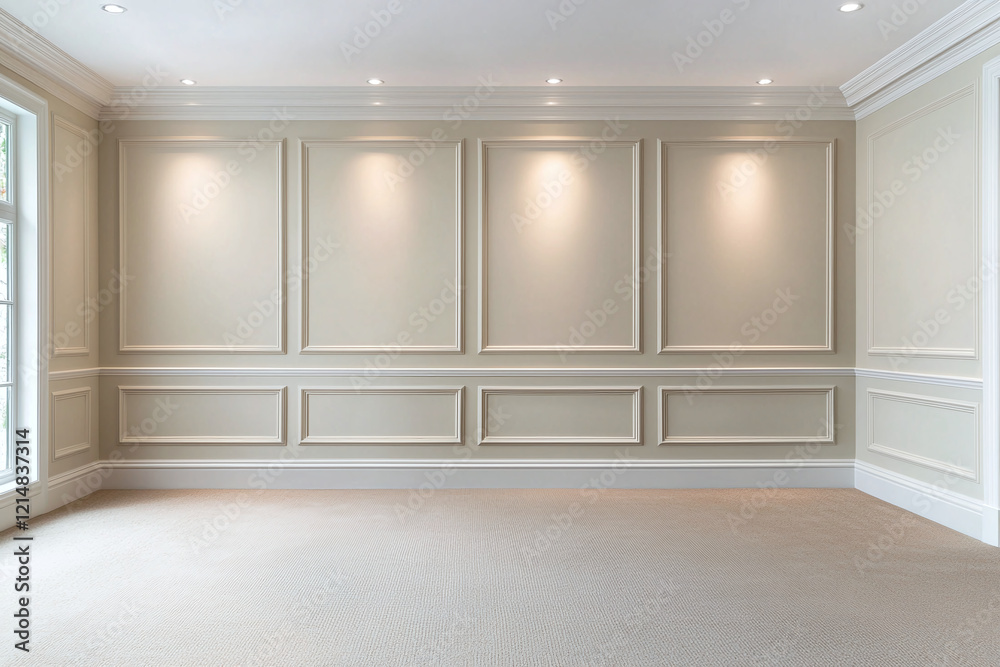 Fototapeta premium serene room with light beige French style walls, elegant moldings, and soft lighting creates calm atmosphere. spacious area is perfect for various interior designs