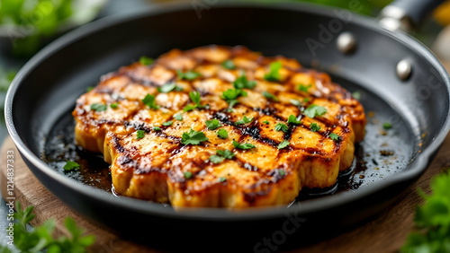 Golden brown plant based steak with fresh herbs, promoting vegan dining and sustainability photo