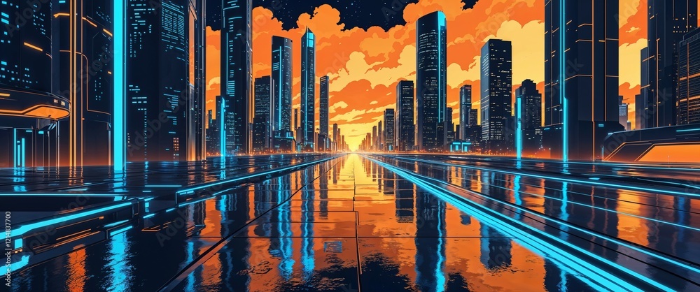 Hightech city with glowing blue pathways and reflective silver streets glowing orange skyline illustration background design Hightech city with glowing blue pathways and reflective silver streets glowing orange skyline illustration background design