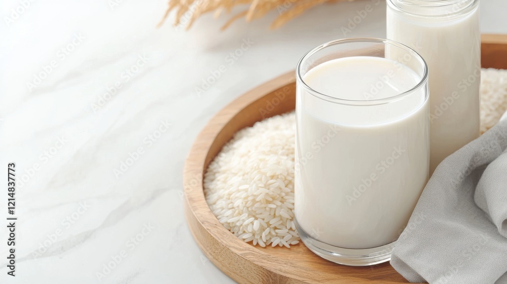 Fresh Rice Milk in Glass Bottles on Wooden Tray Fresh Rice Milk in Glass Bottles on Wooden Tray
