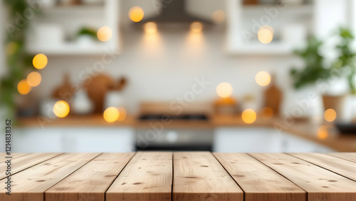 Wooden kitchen counter with bokeh lights, perfect for culinary product displays and branding photo