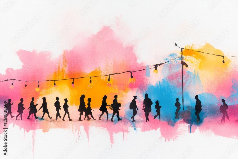 Fototapeta premium A soft watercolor painting of a group of people celebrating outdoors, with vibrant pastel hues blending in the sky and festive decorations adding energy