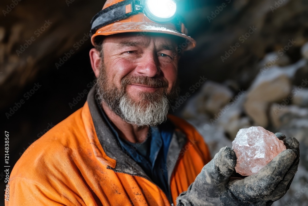 A proud miner holds a beautiful pink crystal in a cave, reflecting the mesmerizing colors and the hard work involved in mining valuable resources from the earth. A proud miner holds a beautiful pink crystal in a cave, reflecting the mesmerizing colors and the hard work involved in mining valuable resources from the earth.