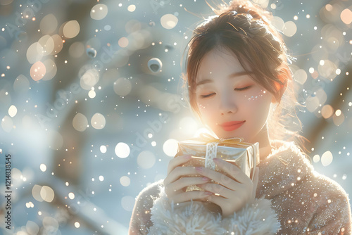Woman Holds a Gift Box with...