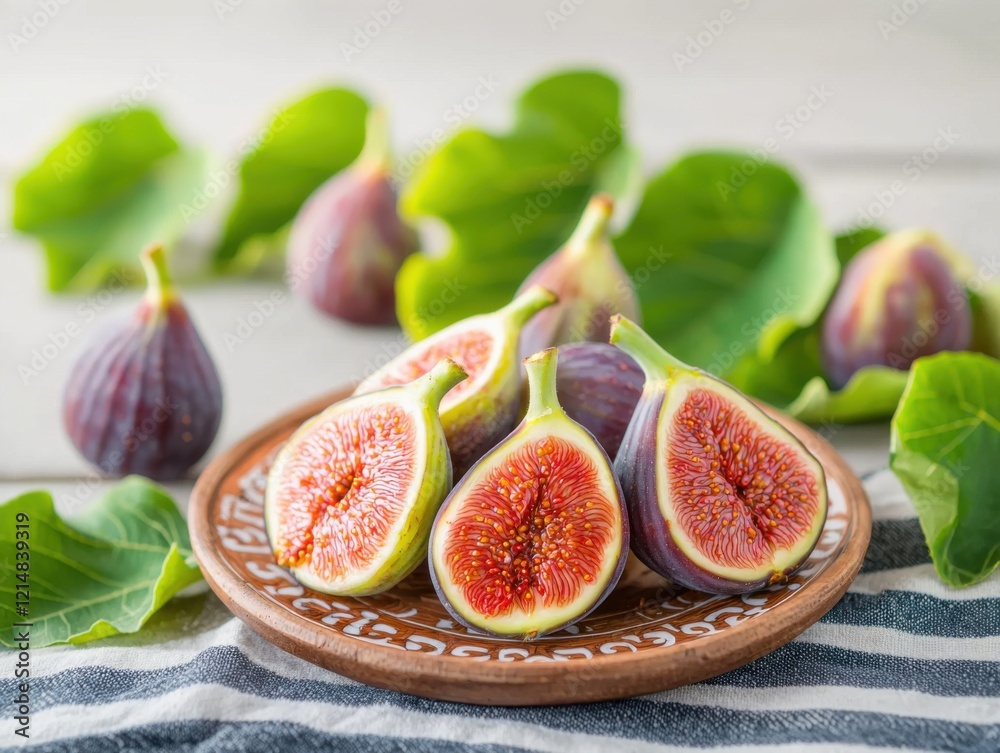 Freshly Cut Figs on Rustic Plate with Green Leaves