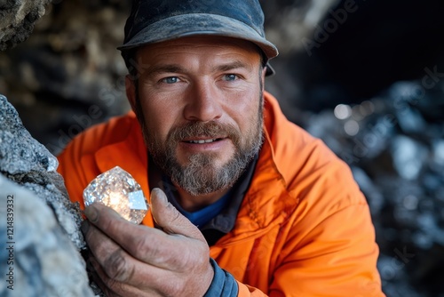 A rugged miner proudly showcases a dazzling diamond discovered in a rocky cave, embodying passion, hard work, and excitement of finding precious stones. photo