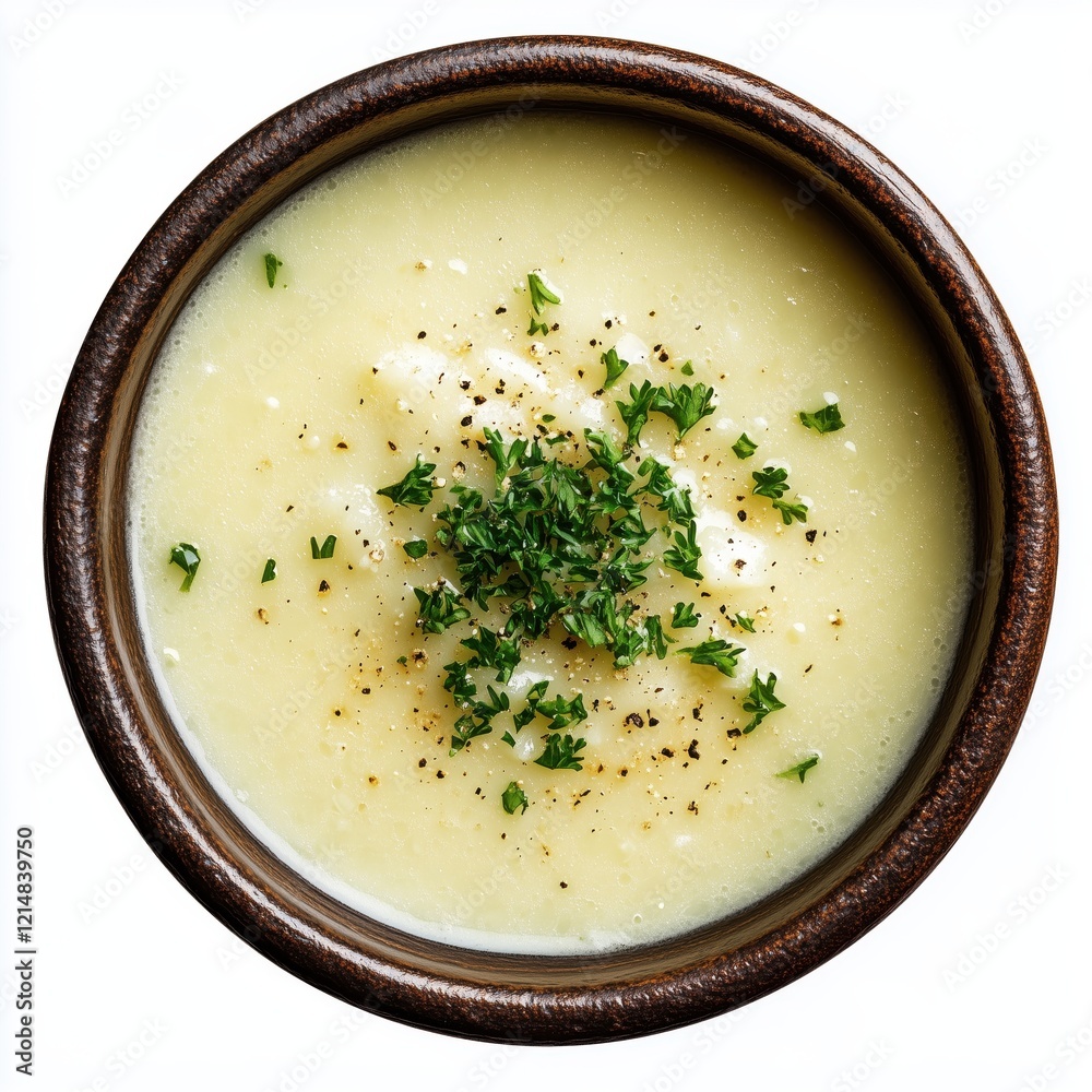 Top view of a creamy potato soup, garnished with fresh parsley and black pepper, served in a rustic bowl, perfect for a comforting meal Top view of a creamy potato soup, garnished with fresh parsley and black pepper, served in a rustic bowl, perfect for a comforting meal