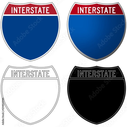 American road sign for an Interstate, in colour, gradient, black and white and white and black versions, isolated on a white or transparent background