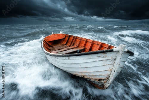 A stormy sea with a small, capsized boat and a lone survivor clinging to debris, consumed by hopelessness