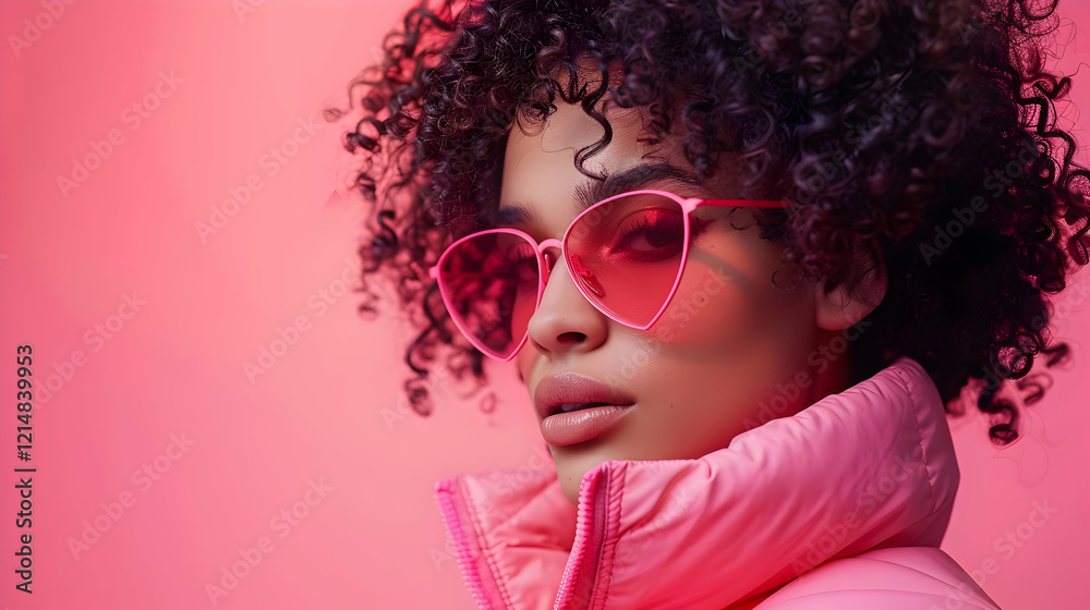 Stylish Person Poses in Pink Sunglasses and Jacket Against a Vibrant Pink Backdrop with Confidence. Stylish Person Poses in Pink Sunglasses and Jacket Against a Vibrant Pink Backdrop with Confidence.