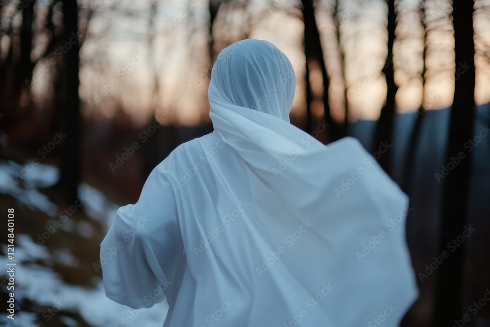 A mysterious figure draped in white fabric swiftly walks away through a serene landscape, evoking a sense of intrigue, solitude, and an ethereal quality in nature. A mysterious figure draped in white fabric swiftly walks away through a serene landscape, evoking a sense of intrigue, solitude, and an ethereal quality in nature.