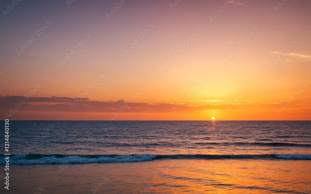 Fototapeta premium Scenic view of endless ocean with horizon line under bright sunset sky in evening time