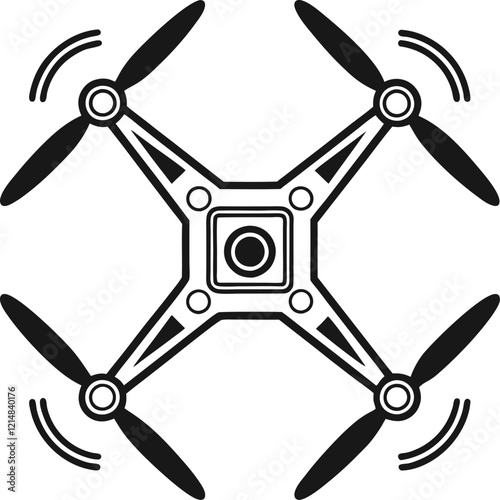 A stylized, black and white line art graphic of a drone, showing its four propellers in motion.