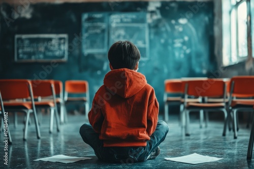 A student sitting on the floor of an empty classroom, staring at a failed test paper with tears in their eyes
