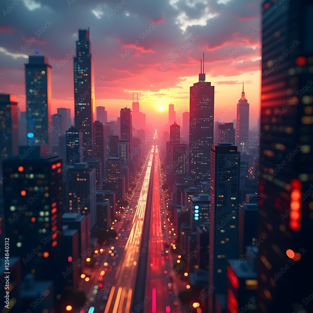 Fototapeta premium Surreal Science Cityscape Vibrant Sunset with Futuristic Lights