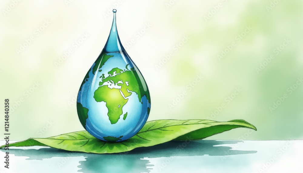 Obraz premium Earth inside a water droplet on a leaf for environmental blogs and World Peace Day designs