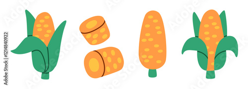Flat illustration of corn in various forms including whole ears, slices, and husked cobs. Vibrant colors and clean design perfect for food-related projects or educational materials.