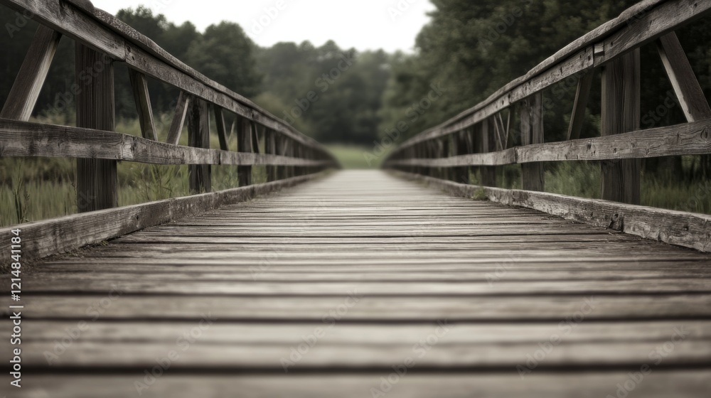 Rustic wooden bridge extending into a verdant forest. Rustic wooden bridge extending into a verdant forest.