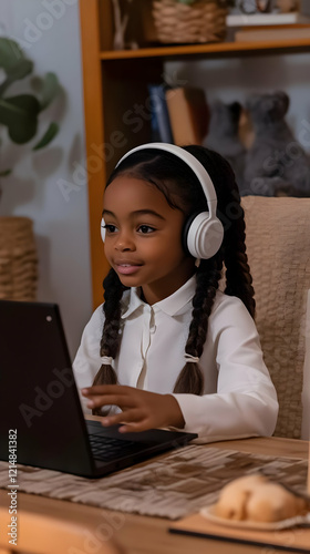 Young girl learns online us...