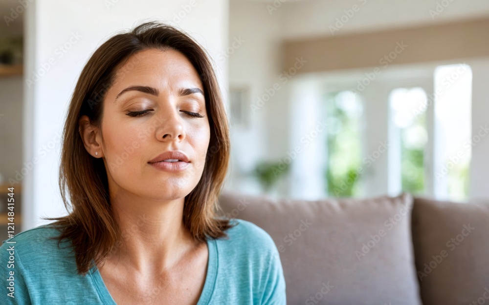 Woman practicing breathing exercise with eyes closed at home Woman practicing breathing exercise with eyes closed at home