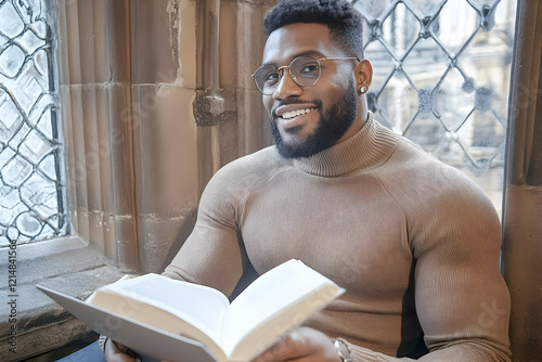 Smiling Man Reads a Book by...