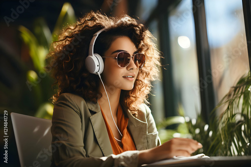 Stylish Woman Listens to Mu...