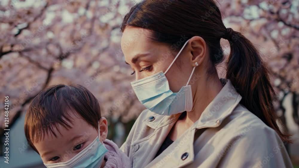 Mother with baby in medical mask outdoors during pandemic Mother with baby in medical mask outdoors during pandemic