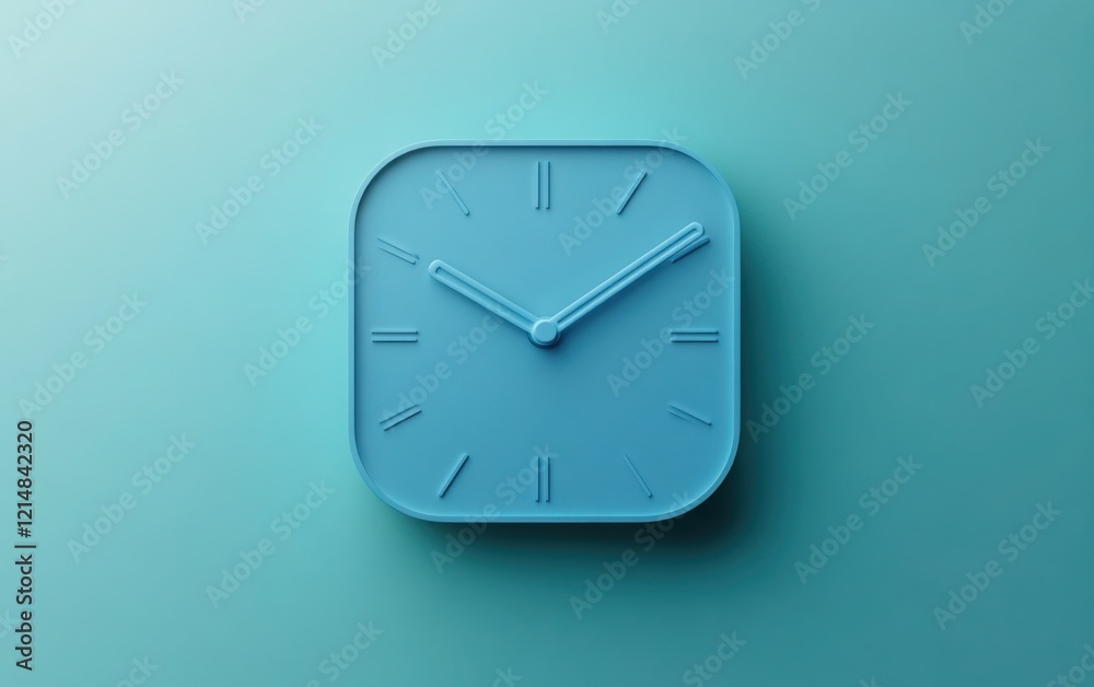 3D icon of a blue clock on a light teal background, featuring a clean, modern design with a minimalist aesthetic. 3D icon of a blue clock on a light teal background, featuring a clean, modern design with a minimalist aesthetic.