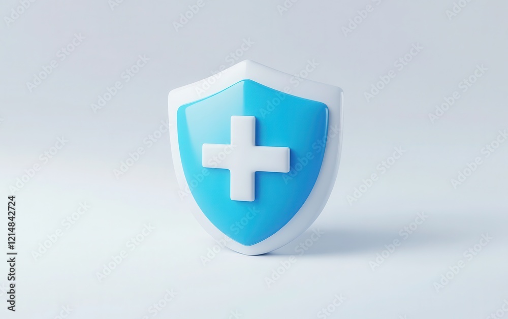 3D icon of a shield with a plus symbol, featuring a clean white and blue color palette, isolated on a white background. 3D icon of a shield with a plus symbol, featuring a clean white and blue color palette, isolated on a white background.