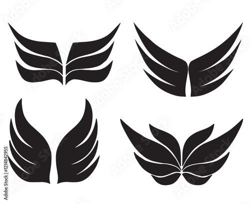 Set of black wings vector illustration. Collection wings badges. Realistic angel wing isolated on white background. Simple wings vector icons for web design. Wing logo for design element