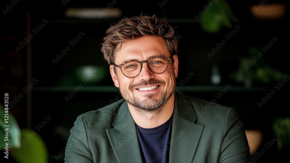 Smiling man with glasses in green blazer, showcasing confidence and warmth in modern office setting filled with plants Smiling man with glasses in green blazer, showcasing confidence and warmth in modern office setting filled with plants
