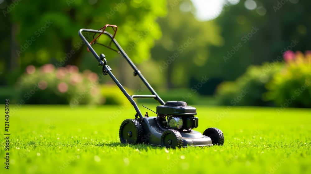 Fototapeta premium Antique Lawnmower in Lush Garden - Vibrant Summer Scene
