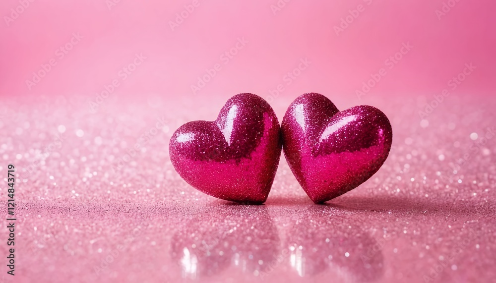 Fototapeta premium Two Pink Glitter Hearts on Pink Background