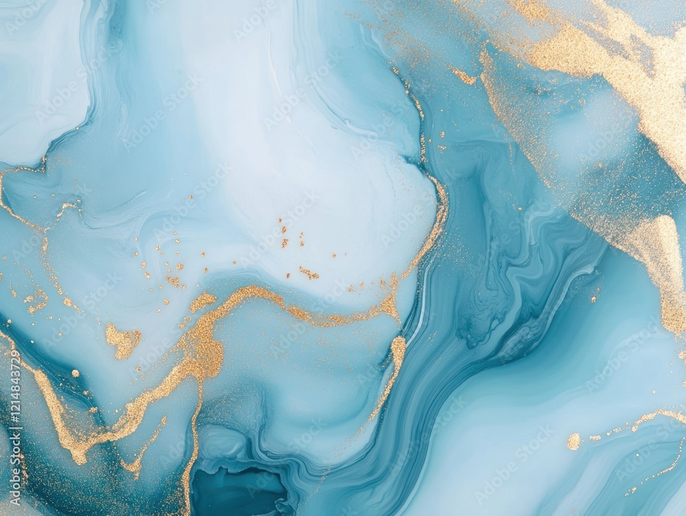 Fototapeta premium Abstract blue fluid art with gold accents, creating a mesmerizing and luxurious pattern