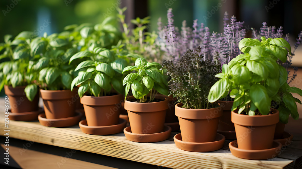 Potted Herbs Thrive on Wooden Shelf, Basking in Sunlight's Embrace Potted Herbs Thrive on Wooden Shelf, Basking in Sunlight's Embrace