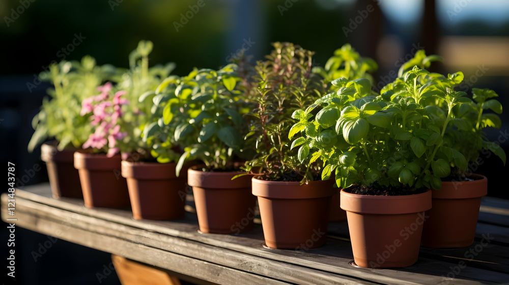 Small potted plants sit on a wooden table, enjoying the warm afternoon sunlight. Small potted plants sit on a wooden table, enjoying the warm afternoon sunlight.