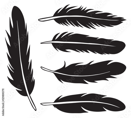 Bird feather. Feathers vector set in flat style. Feather outline, wings, feather peacock. Fluffy single feather pen icon. Black quill feather silhouette. Plume collection isolated on white background