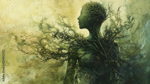 Abstract art of vinelike lines enveloping a human figure, blending soft green tones with nature textures photo