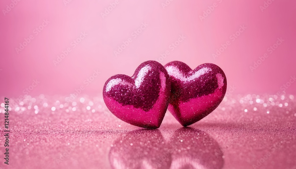 Fototapeta premium Two Pink Glitter Hearts on Sparkling Background