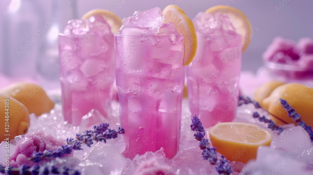 Refreshing Pink Lemonade with Ice, Lemon Slices, and Lavender on a Bed of Ice Cubes. Refreshing Pink Lemonade with Ice, Lemon Slices, and Lavender on a Bed of Ice Cubes.