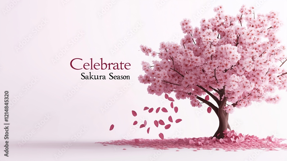 Fototapeta premium Blooming pink cherry blossom tree with falling petals and text Celebrate Sakura Season