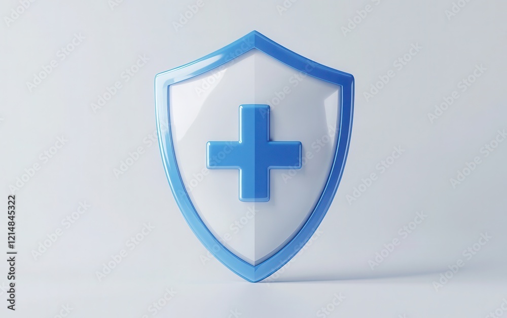 High-quality 3D rendering of a shield with a medical plus symbol in the middle, utilizing a blue and white theme, isolated on a plain white background. High-quality 3D rendering of a shield with a medical plus symbol in the middle, utilizing a blue and white theme, isolated on a plain white background.