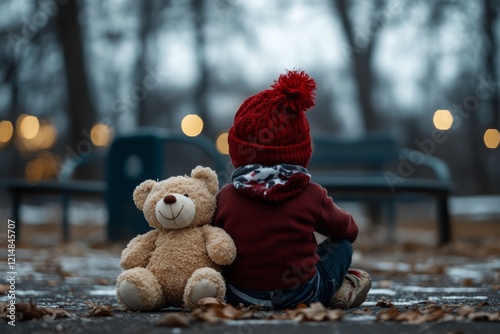 A young child sitting in the middle of an abandoned playground, clutching a torn teddy bear