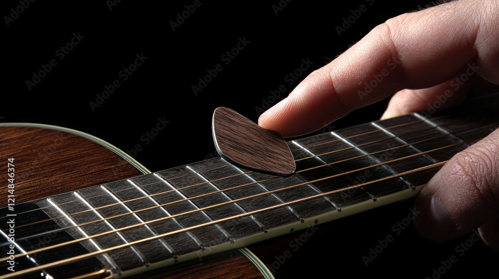 Fototapeta premium A hand holding a guitar pick, ready to strum the strings of an acoustic guitar.