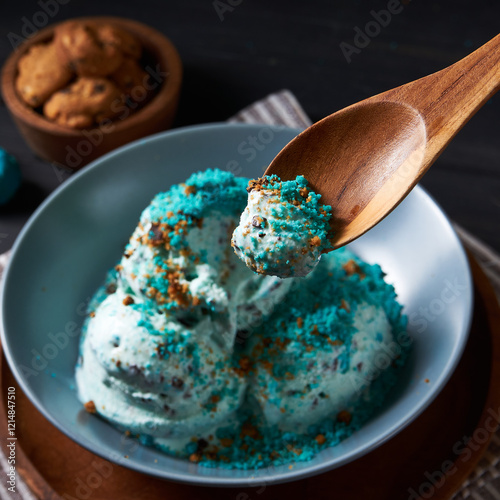 Mint ice cream with vibrant blue hues is served in a bowl, garnished with cookie crumbs and a wooden spoon, alongside chocolate cookies