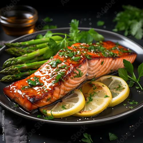 Glazed Salmon Sits on a Pla...