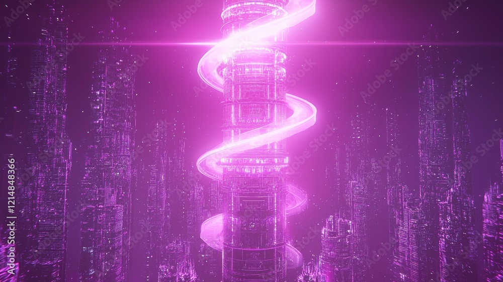 Obraz premium Illuminated Futuristic Skyscraper Casting Glittering Beam of Light Over Cityscape.
